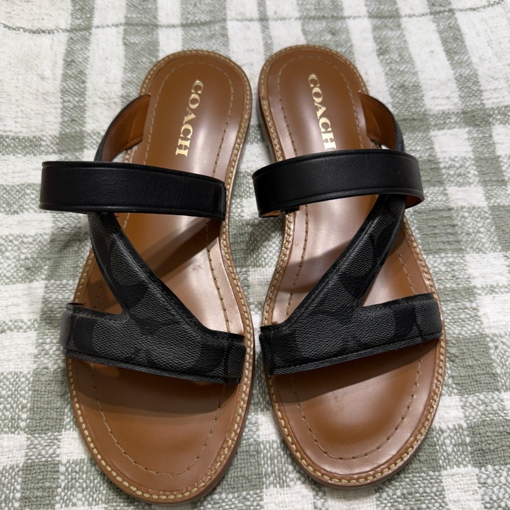 Coach Black Cross-Strap Leather Slide Sandals with Brown Footbed